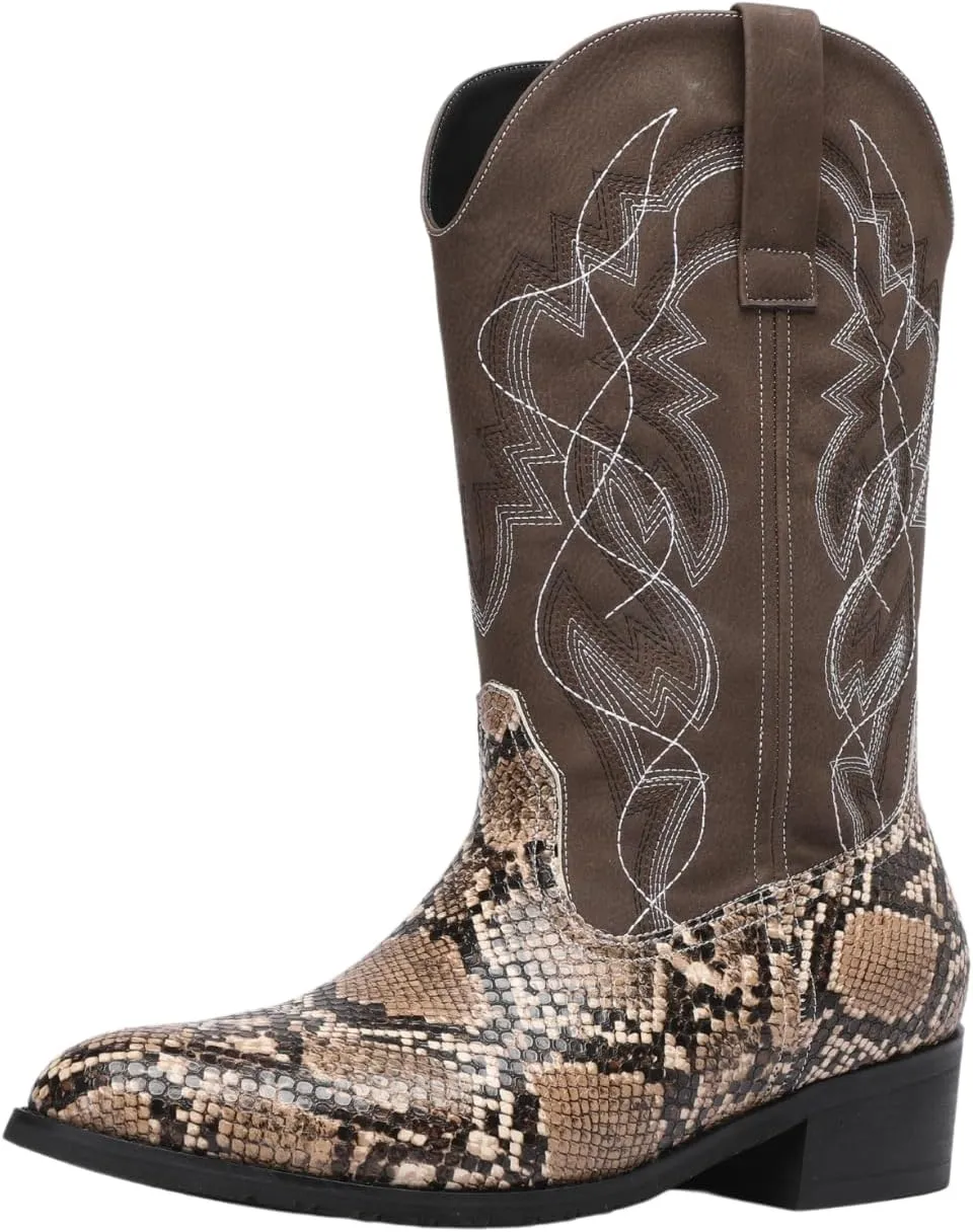 Python Manning Men's Boots Cowboy for Men Classic Pointed Toe Western Pull Up Snakeskin Embroidered Mid-Calf Boots