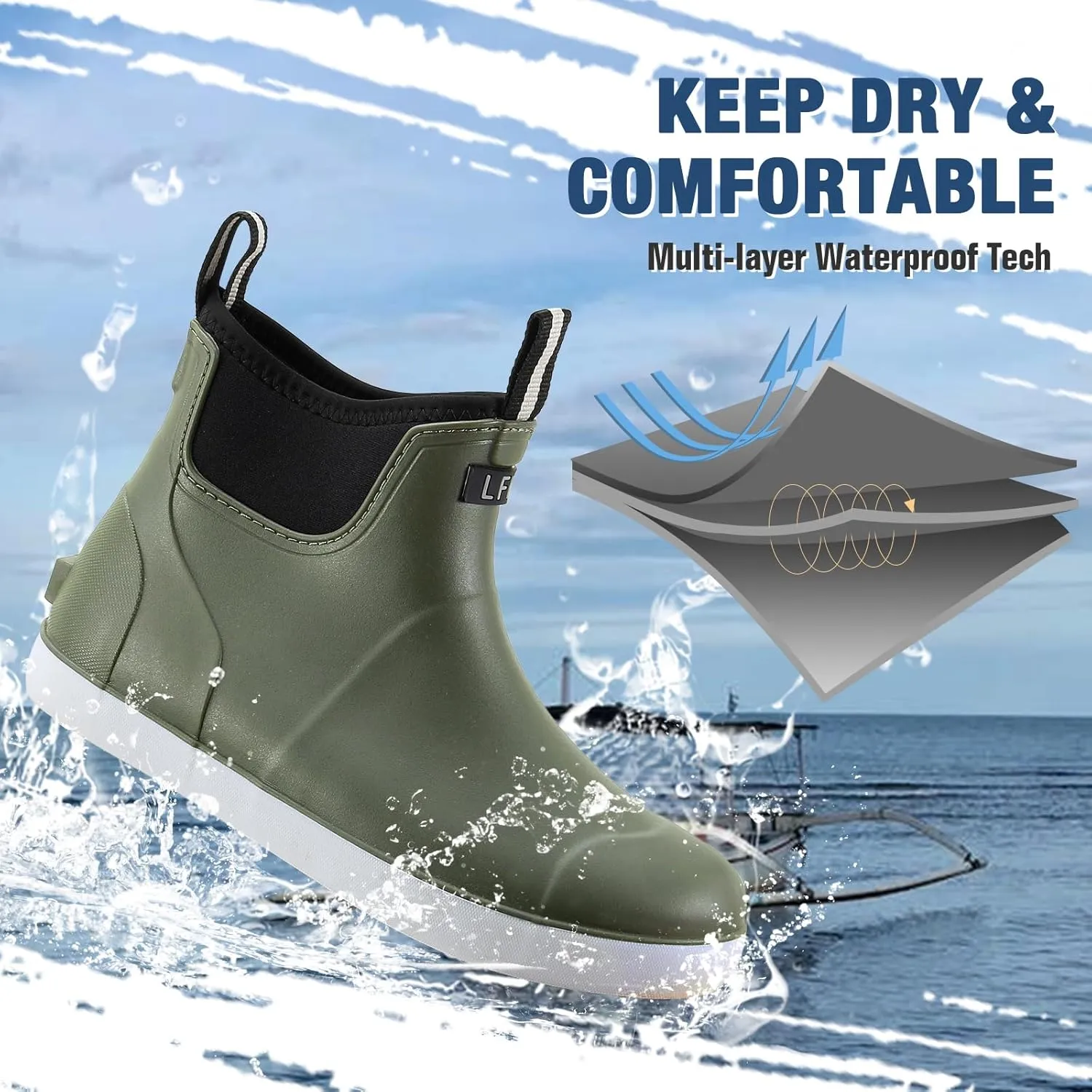 Rain Boots for Men, Waterproof Ankle Mens Deck Boots Anti-Slip Comfort Rubber Boots Chelsea Garden Shoes for Yard Fishing Outdoor Work
