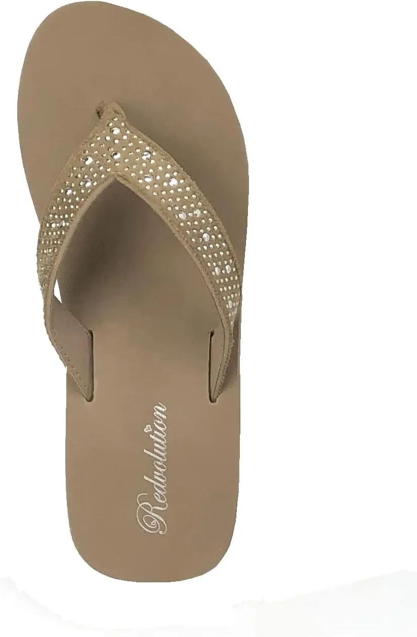 REDVOLUTION New Women's Rhinestone Sandals Platform T-Strap Jewel Sandals High Wedge Flip Flops