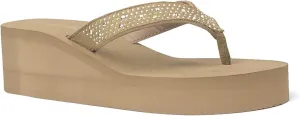 REDVOLUTION New Women's Rhinestone Sandals Platform T-Strap Jewel Sandals High Wedge Flip Flops