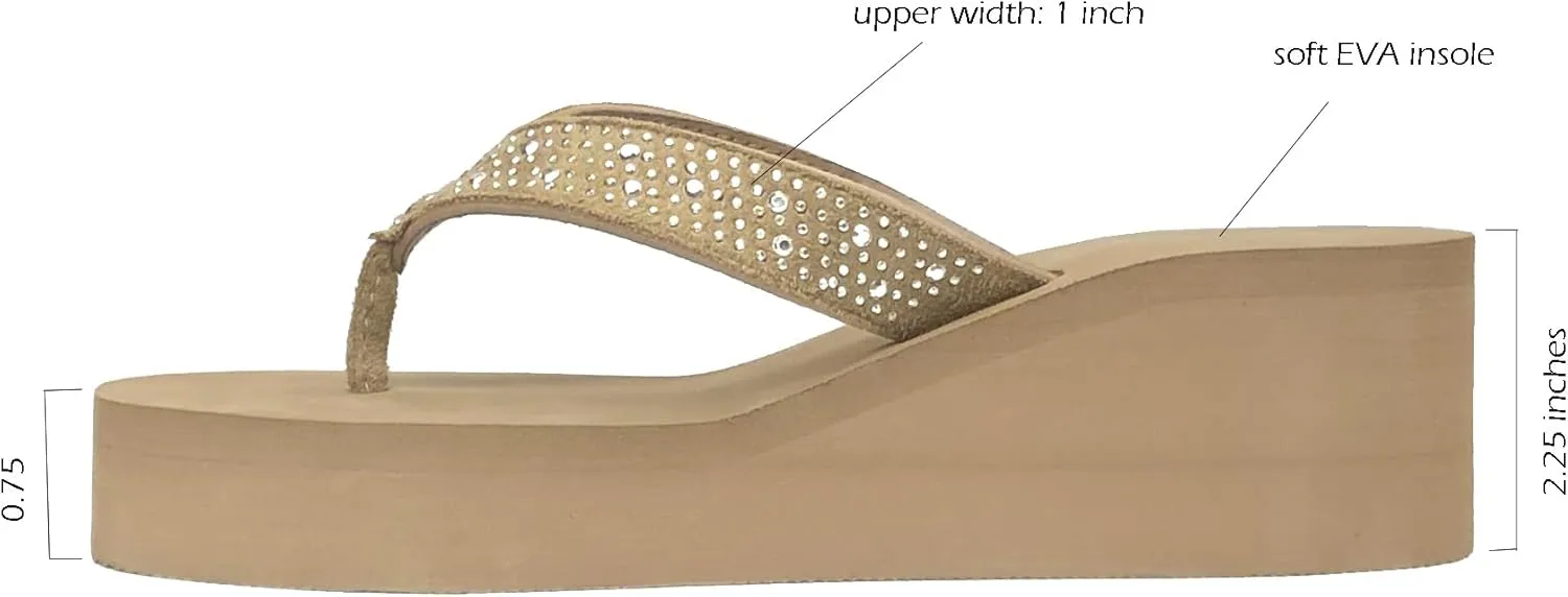 REDVOLUTION New Women's Rhinestone Sandals Platform T-Strap Jewel Sandals High Wedge Flip Flops