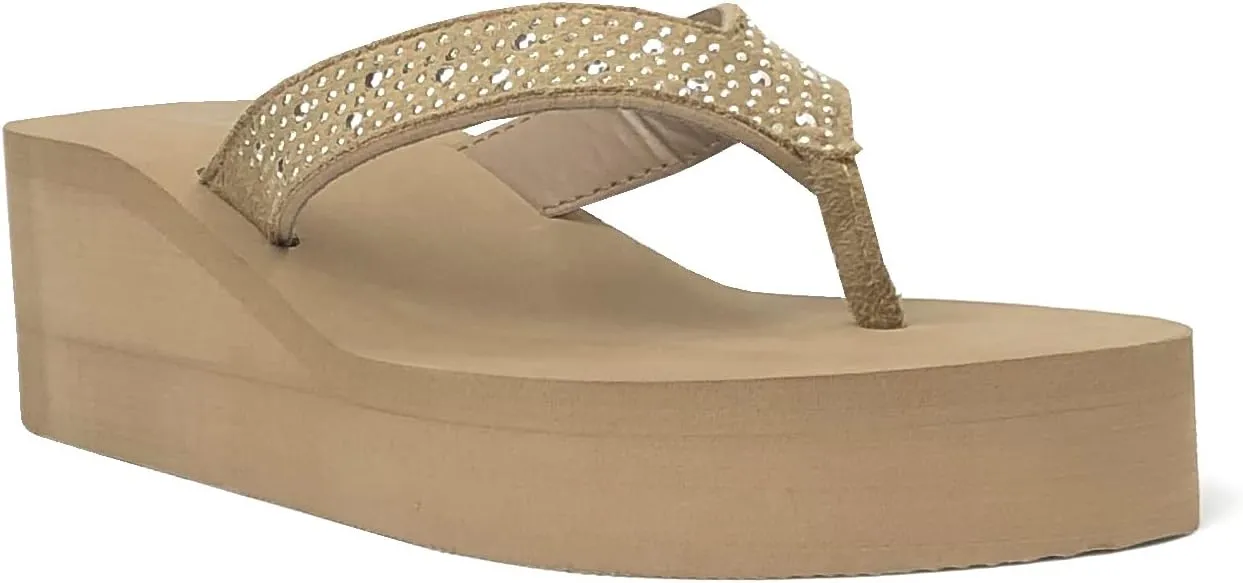 REDVOLUTION New Women's Rhinestone Sandals Platform T-Strap Jewel Sandals High Wedge Flip Flops
