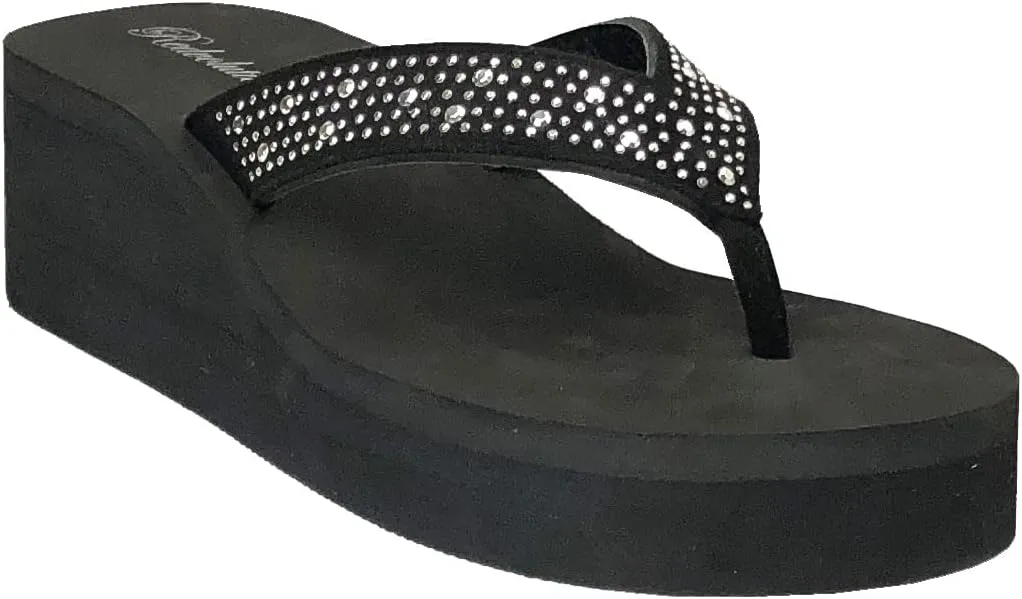 REDVOLUTION New Women's Rhinestone Sandals Platform T-Strap Jewel Sandals High Wedge Flip Flops