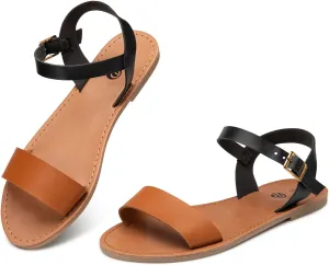 Rekayla Flat Faux Leather Ankle Strap and Adjustable Buckle Sandals for Women