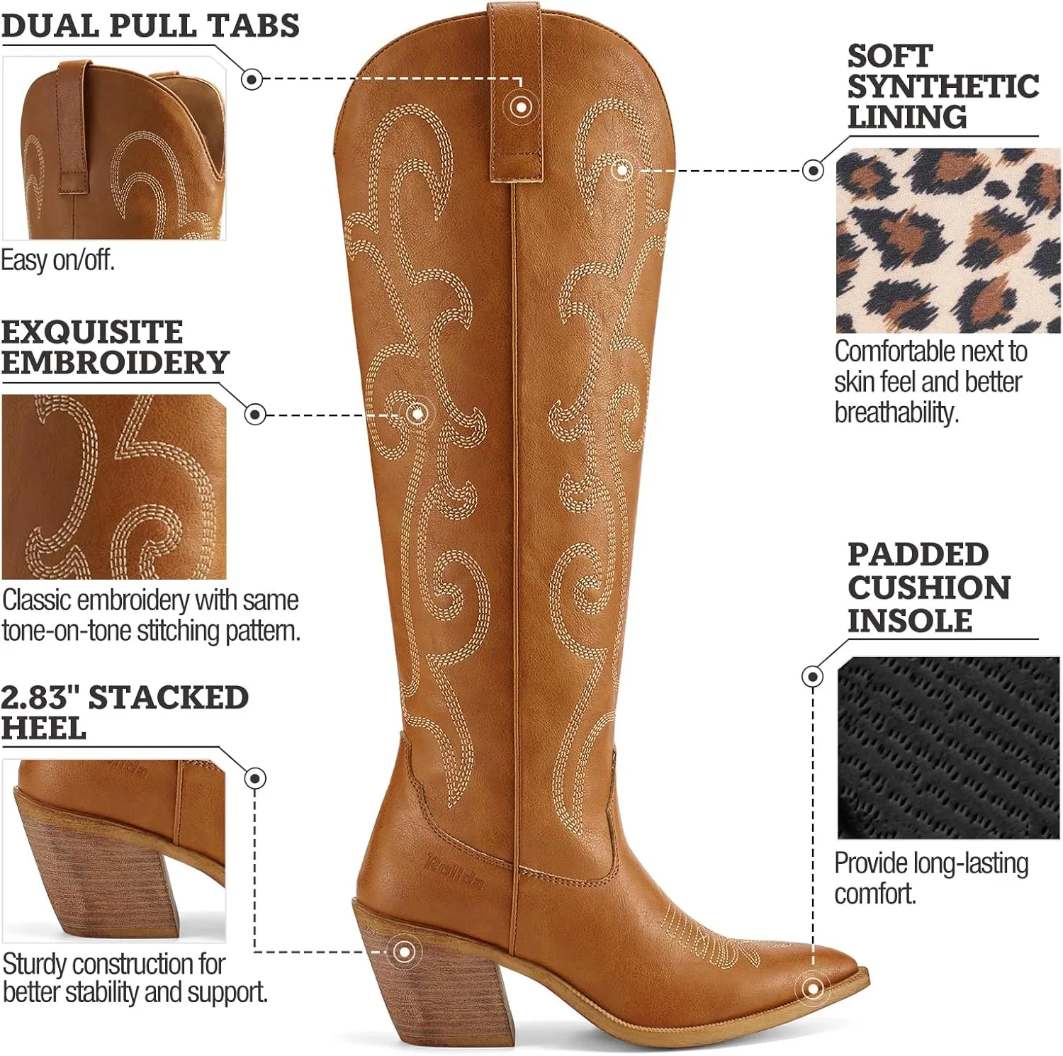 Rollda Cowboy Boots for Women Cowgirl Boots Embroidered Knee-High Western Boots Pointy Toe with Chunky Heel