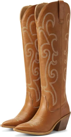 Rollda Cowboy Boots for Women Cowgirl Boots Embroidered Knee-High Western Boots Pointy Toe with Chunky Heel