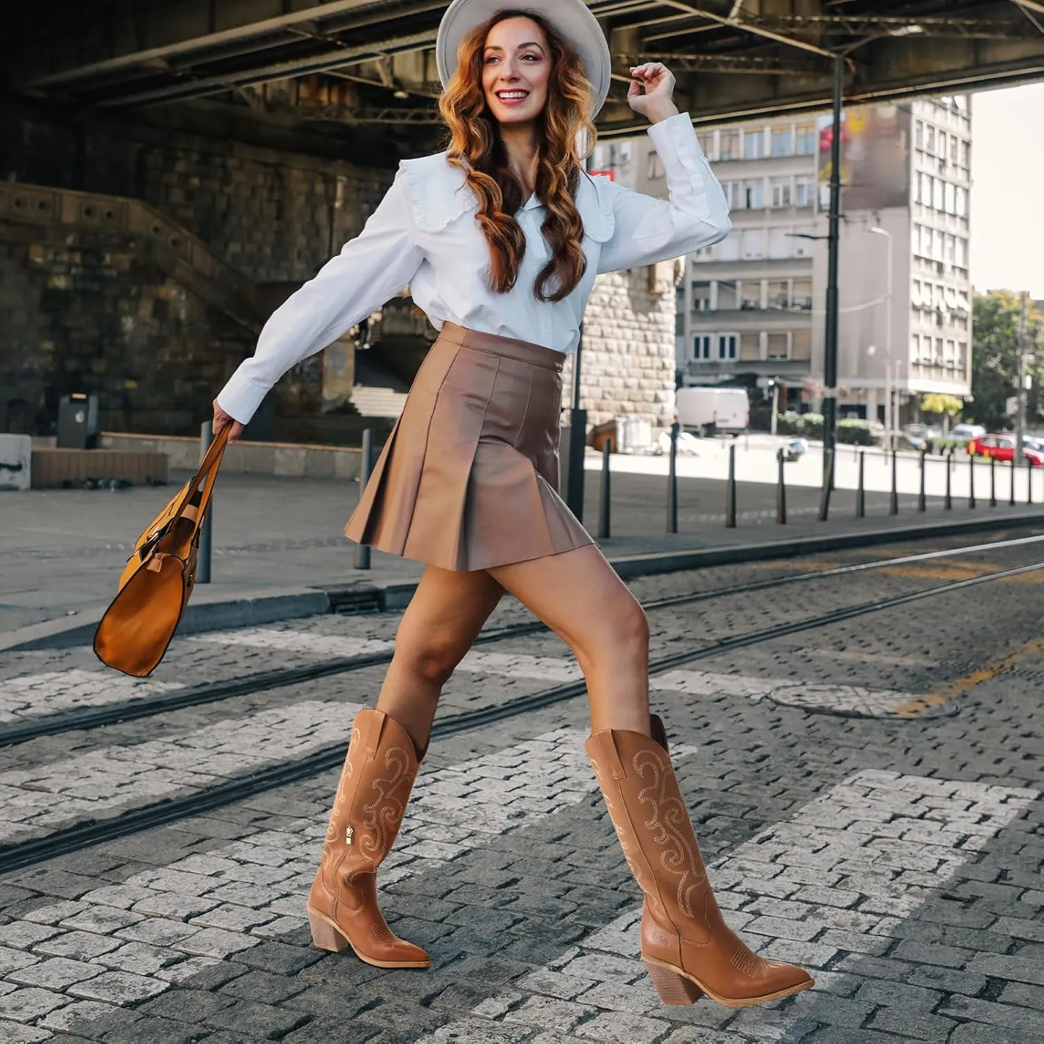 Rollda Cowboy Boots for Women Cowgirl Boots Embroidered Knee-High Western Boots Pointy Toe with Chunky Heel
