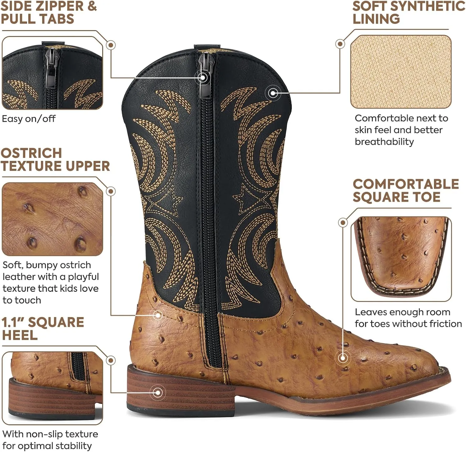 Rollda Kids Cowboy Boots Girls Cowgirl Boots Square Toe Boys Western Boots for Toddler/Little Kid/Big Kid