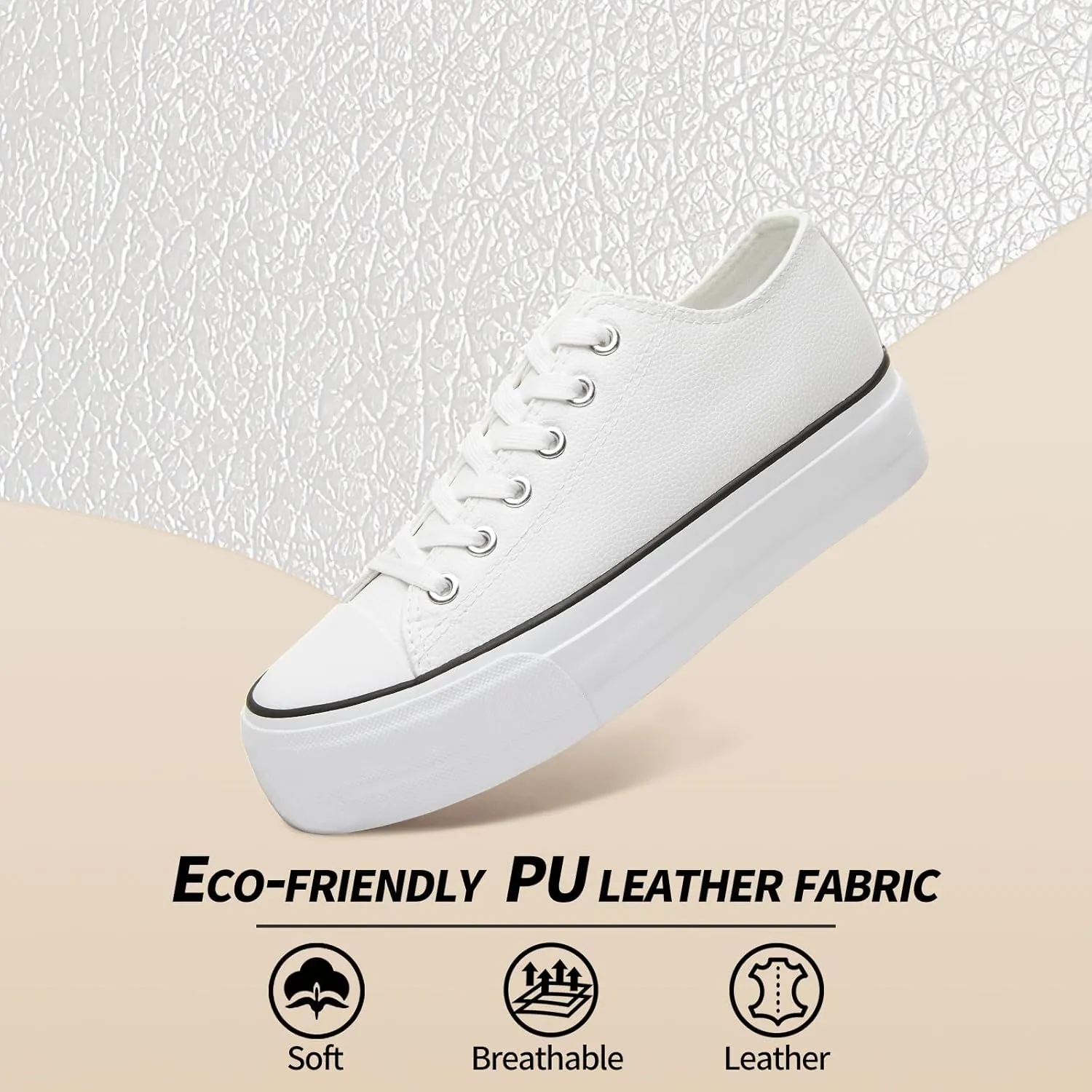 Rominz Women's White Platform Sneakers PU Leather Platform Shoes Classic Black Low Top Sneakers Casual Walking Shoes for Women