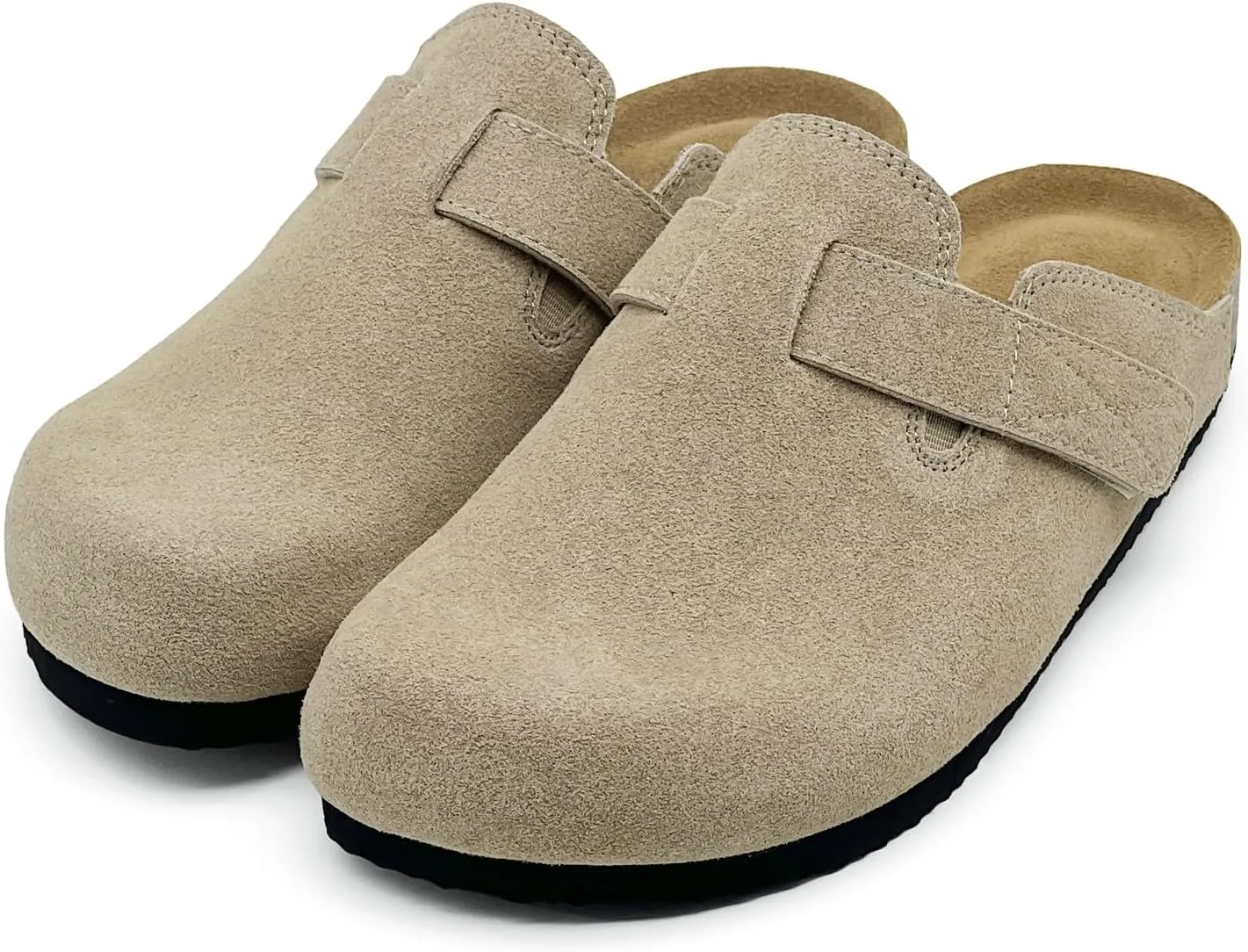 rosyclo Clogs for Women and Men, Suede Leather Hook and Loop Comfort Cork Footbed Adjustable Women's Mules House Slippers Clog Sandals Potato Shoes with Arch Support