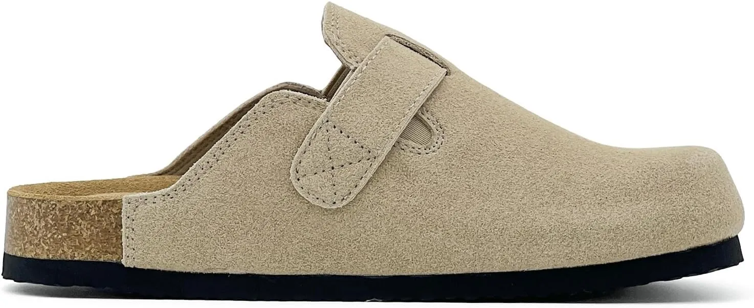 rosyclo Clogs for Women and Men, Suede Leather Hook and Loop Comfort Cork Footbed Adjustable Women's Mules House Slippers Clog Sandals Potato Shoes with Arch Support