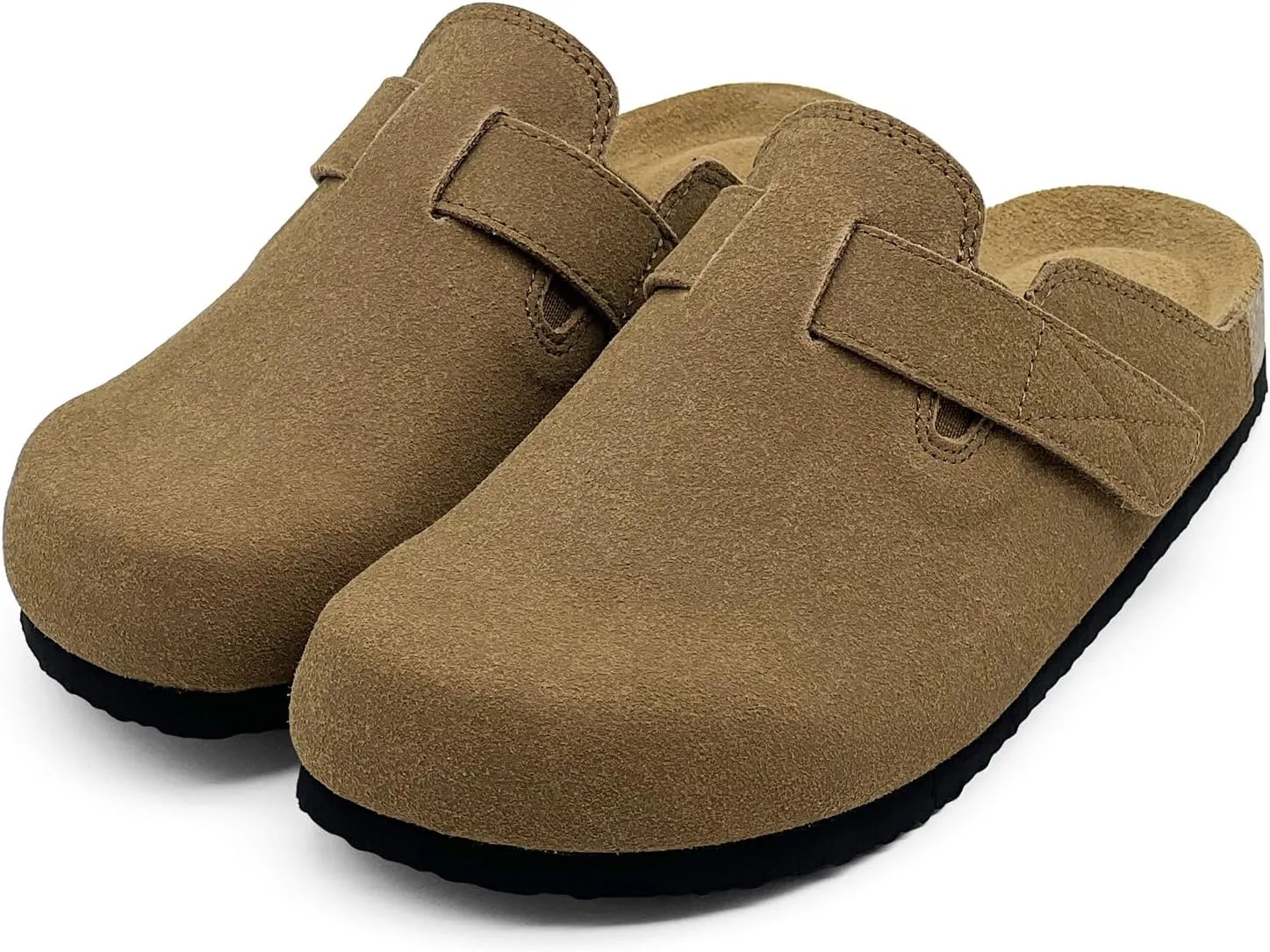 rosyclo Clogs for Women and Men, Suede Leather Hook and Loop Comfort Cork Footbed Adjustable Women's Mules House Slippers Clog Sandals Potato Shoes with Arch Support