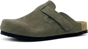 rosyclo Clogs for Women and Men, Suede Leather Hook and Loop Comfort Cork Footbed Adjustable Women's Mules House Slippers Clog Sandals Potato Shoes with Arch Support