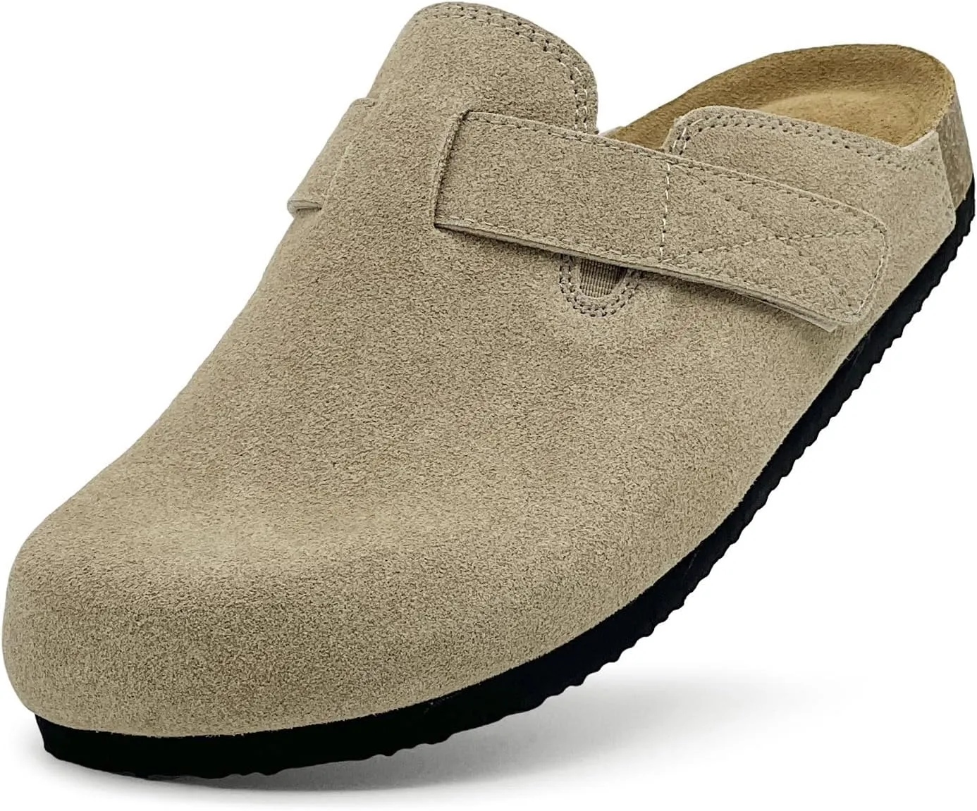 rosyclo Clogs for Women and Men, Suede Leather Hook and Loop Comfort Cork Footbed Adjustable Women's Mules House Slippers Clog Sandals Potato Shoes with Arch Support