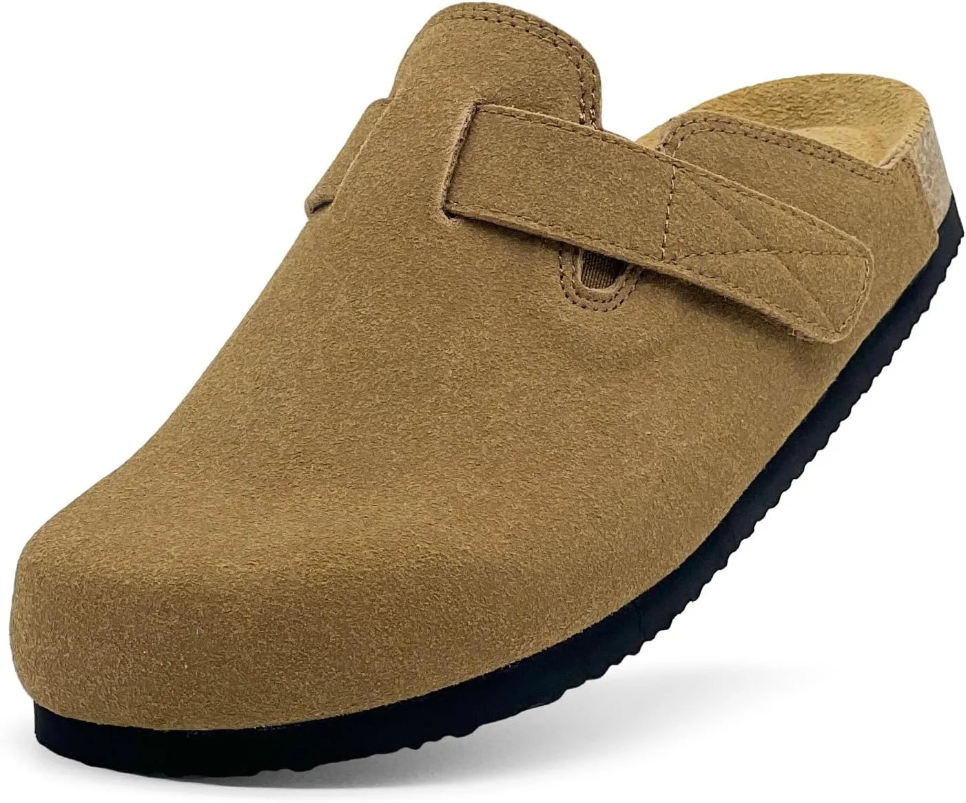 rosyclo Clogs for Women and Men, Suede Leather Hook and Loop Comfort Cork Footbed Adjustable Women's Mules House Slippers Clog Sandals Potato Shoes with Arch Support