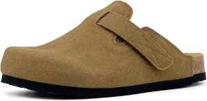 rosyclo Clogs for Women and Men, Suede Leather Hook and Loop Comfort Cork Footbed Adjustable Women's Mules House Slippers Clog Sandals Potato Shoes with Arch Support
