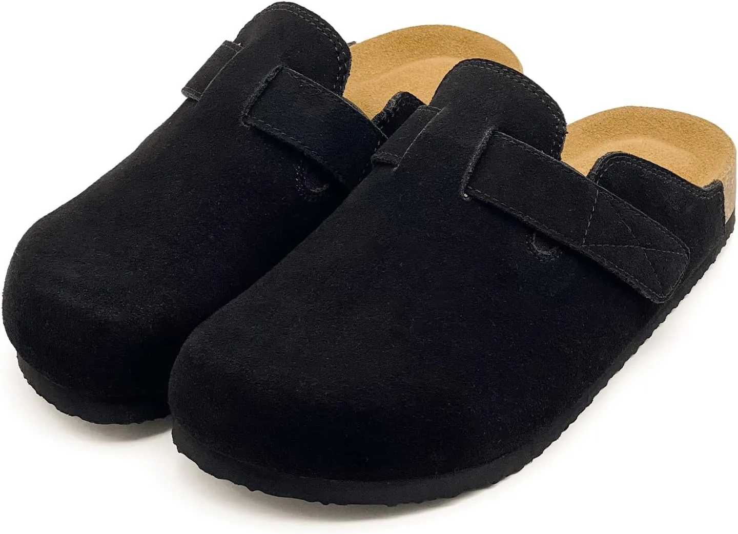 rosyclo Clogs for Women and Men, Suede Leather Hook and Loop Comfort Cork Footbed Adjustable Women's Mules House Slippers Clog Sandals Potato Shoes with Arch Support
