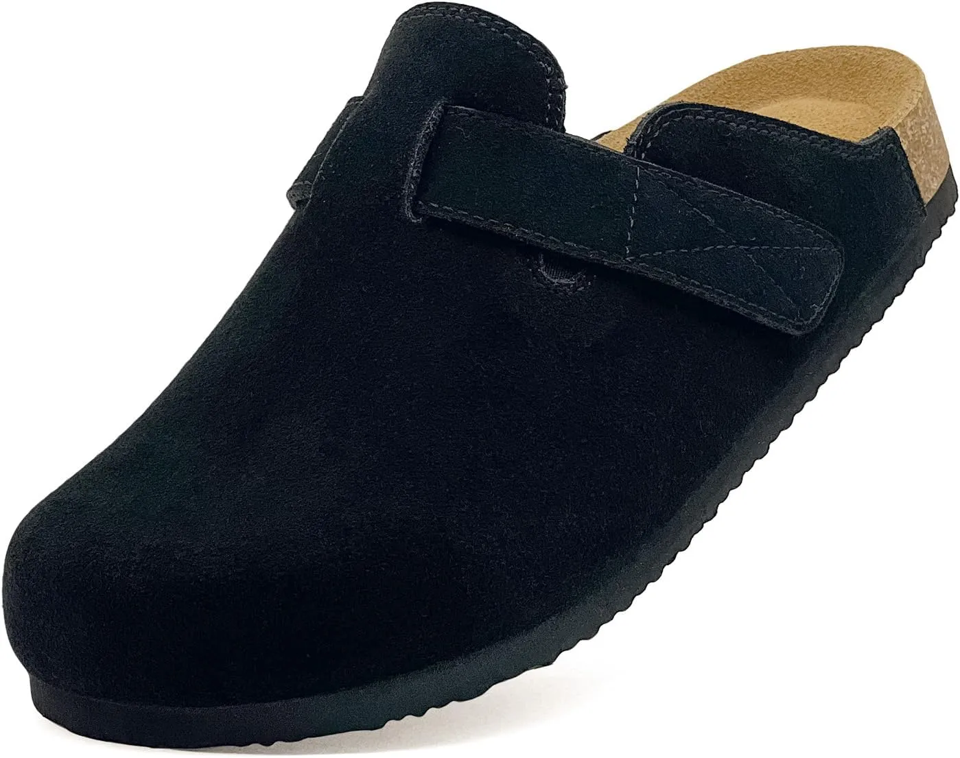 rosyclo Clogs for Women and Men, Suede Leather Hook and Loop Comfort Cork Footbed Adjustable Women's Mules House Slippers Clog Sandals Potato Shoes with Arch Support