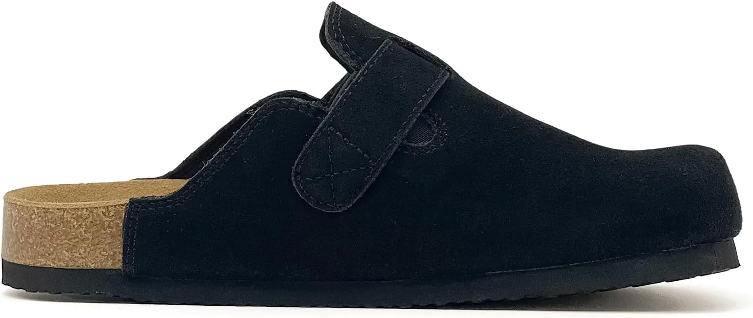 rosyclo Clogs for Women and Men, Suede Leather Hook and Loop Comfort Cork Footbed Adjustable Women's Mules House Slippers Clog Sandals Potato Shoes with Arch Support