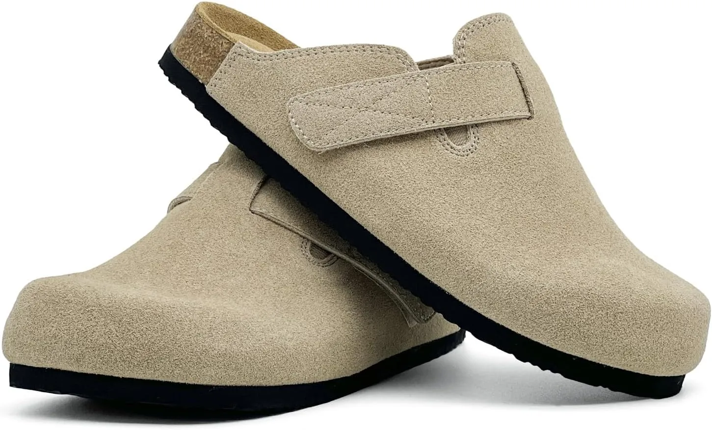 rosyclo Clogs for Women and Men, Suede Leather Hook and Loop Comfort Cork Footbed Adjustable Women's Mules House Slippers Clog Sandals Potato Shoes with Arch Support