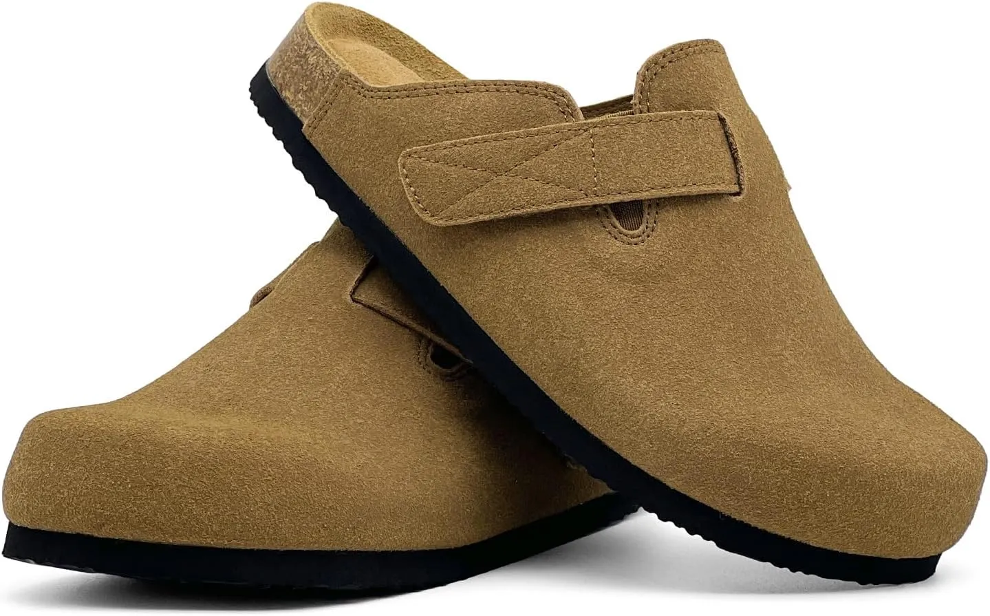 rosyclo Clogs for Women and Men, Suede Leather Hook and Loop Comfort Cork Footbed Adjustable Women's Mules House Slippers Clog Sandals Potato Shoes with Arch Support