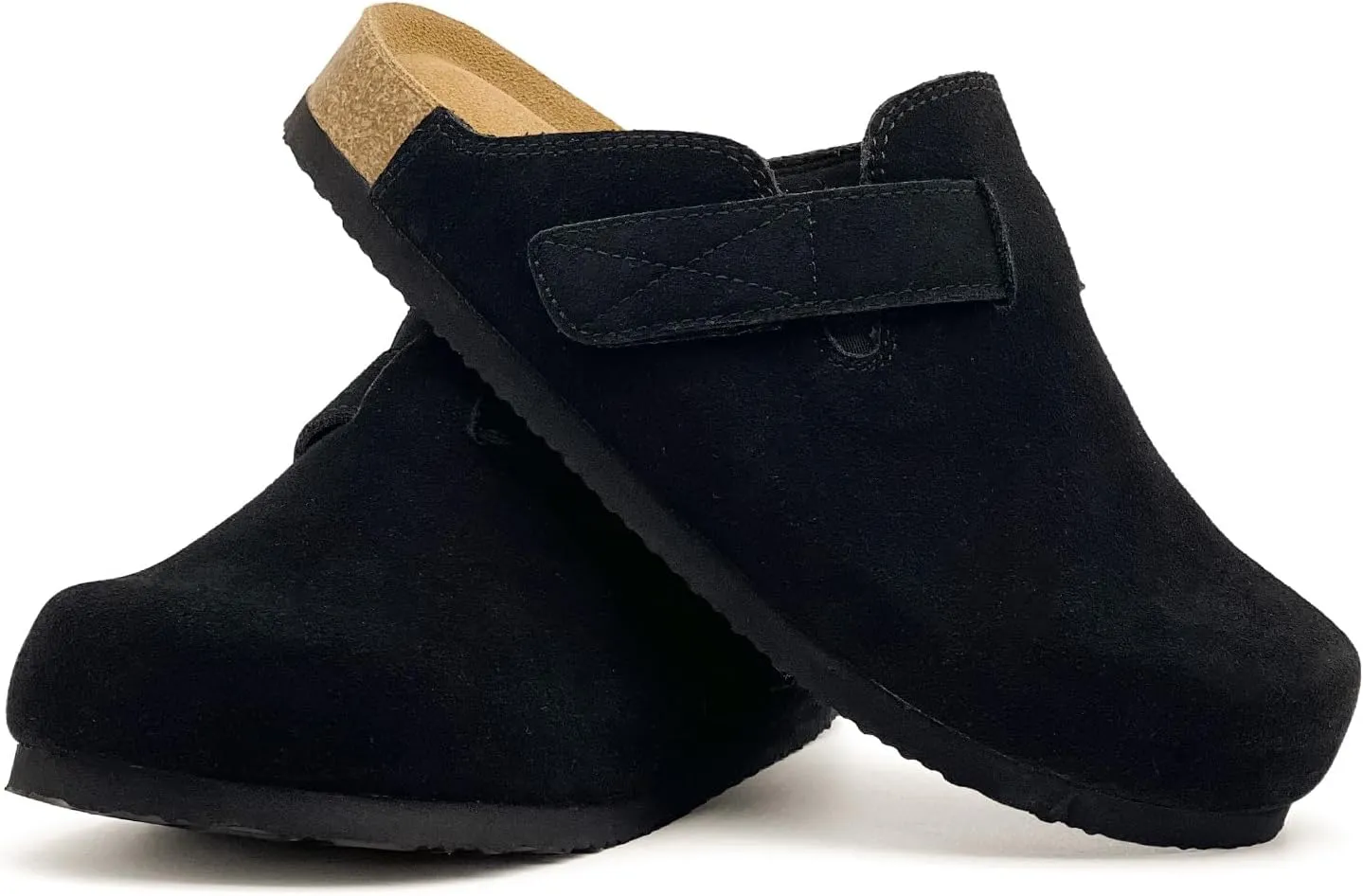rosyclo Clogs for Women and Men, Suede Leather Hook and Loop Comfort Cork Footbed Adjustable Women's Mules House Slippers Clog Sandals Potato Shoes with Arch Support
