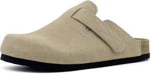 rosyclo Clogs for Women and Men, Suede Leather Hook and Loop Comfort Cork Footbed Adjustable Women's Mules House Slippers Clog Sandals Potato Shoes with Arch Support