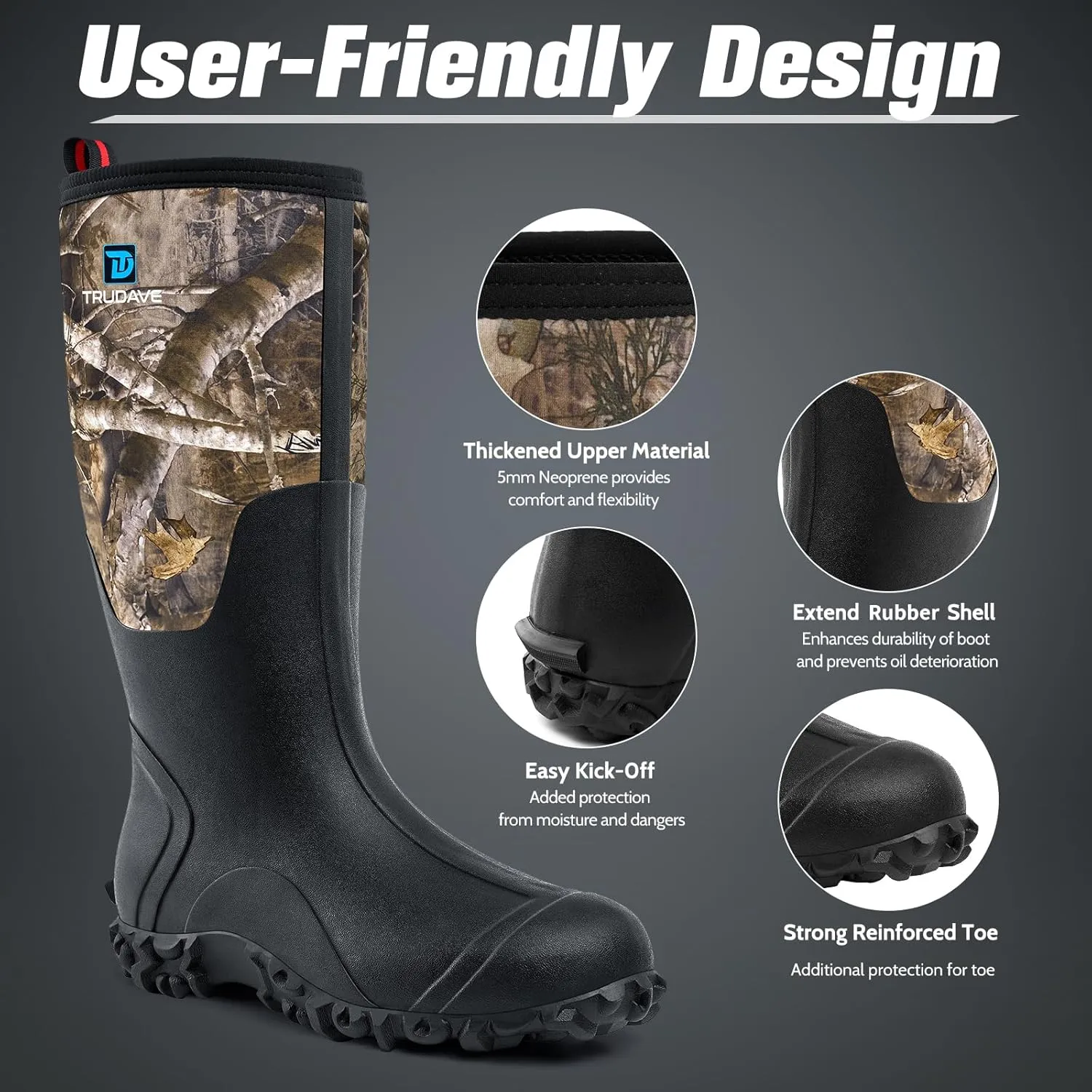 Rubber Boots for Men with Steel Shank, Waterproof Insulated Reliable Rain Boots for Outdoor Work Hunting, Warm Dry 5mm Neoprene Anti-slip All-Season Mud Boots, Size 5-14