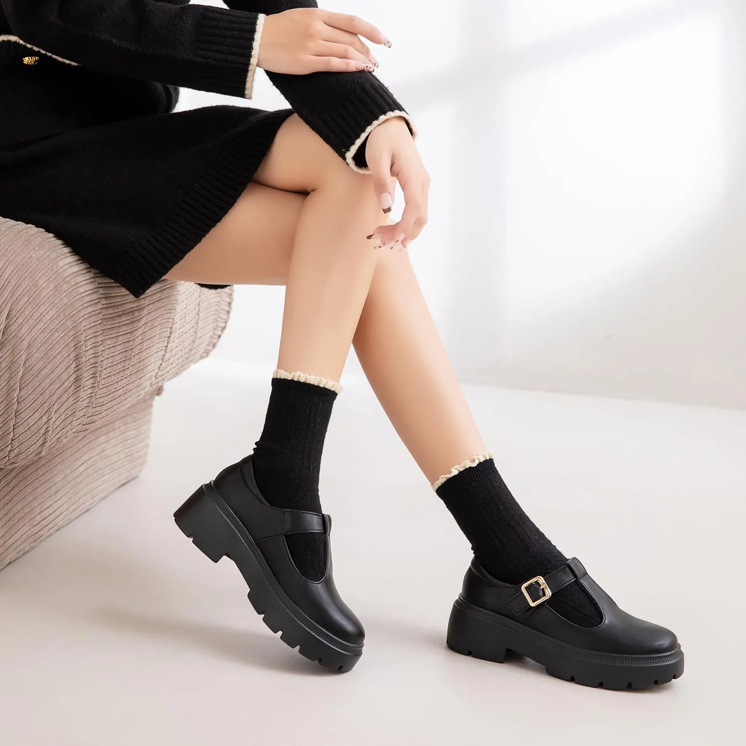 Ruiatoo Women Mary Jane Dress Shoes Platform Loafers Low Heel Chunky Pumps Round Toe Oxford Shoes
