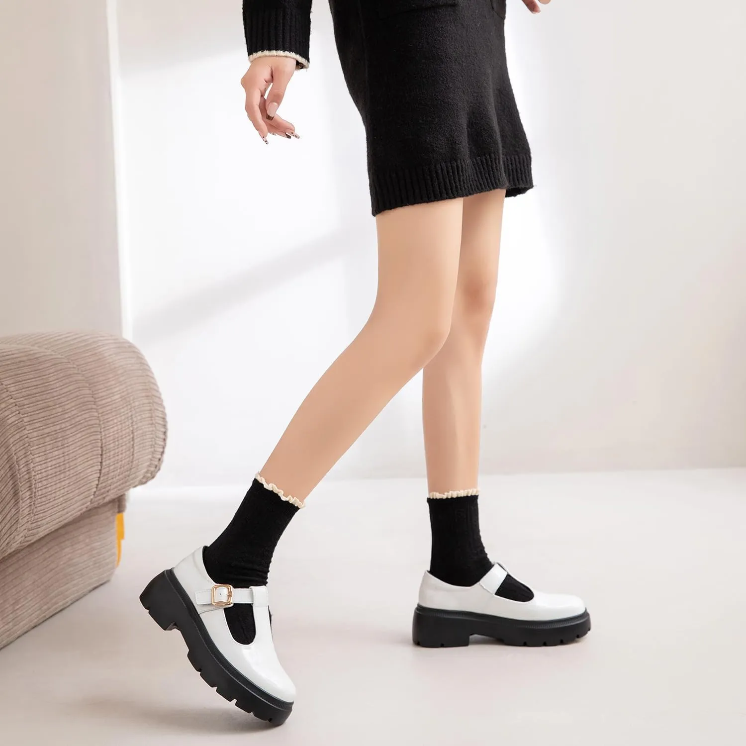 Ruiatoo Women Mary Jane Dress Shoes Platform Loafers Low Heel Chunky Pumps Round Toe Oxford Shoes