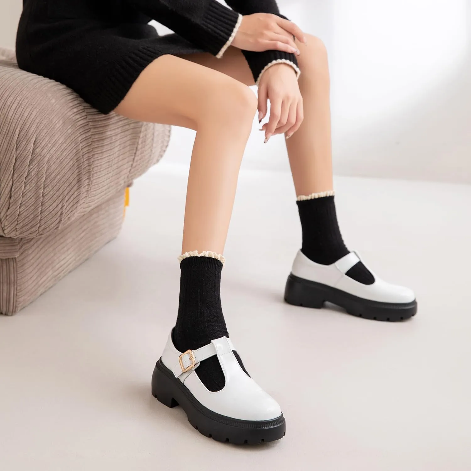 Ruiatoo Women Mary Jane Dress Shoes Platform Loafers Low Heel Chunky Pumps Round Toe Oxford Shoes