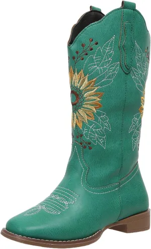 SACFOF Cowboy Boots for Women Sunflower Boots Square Toe Mid Calf Western Embroidery Stitched Low Heel Western Cowgirl Boots