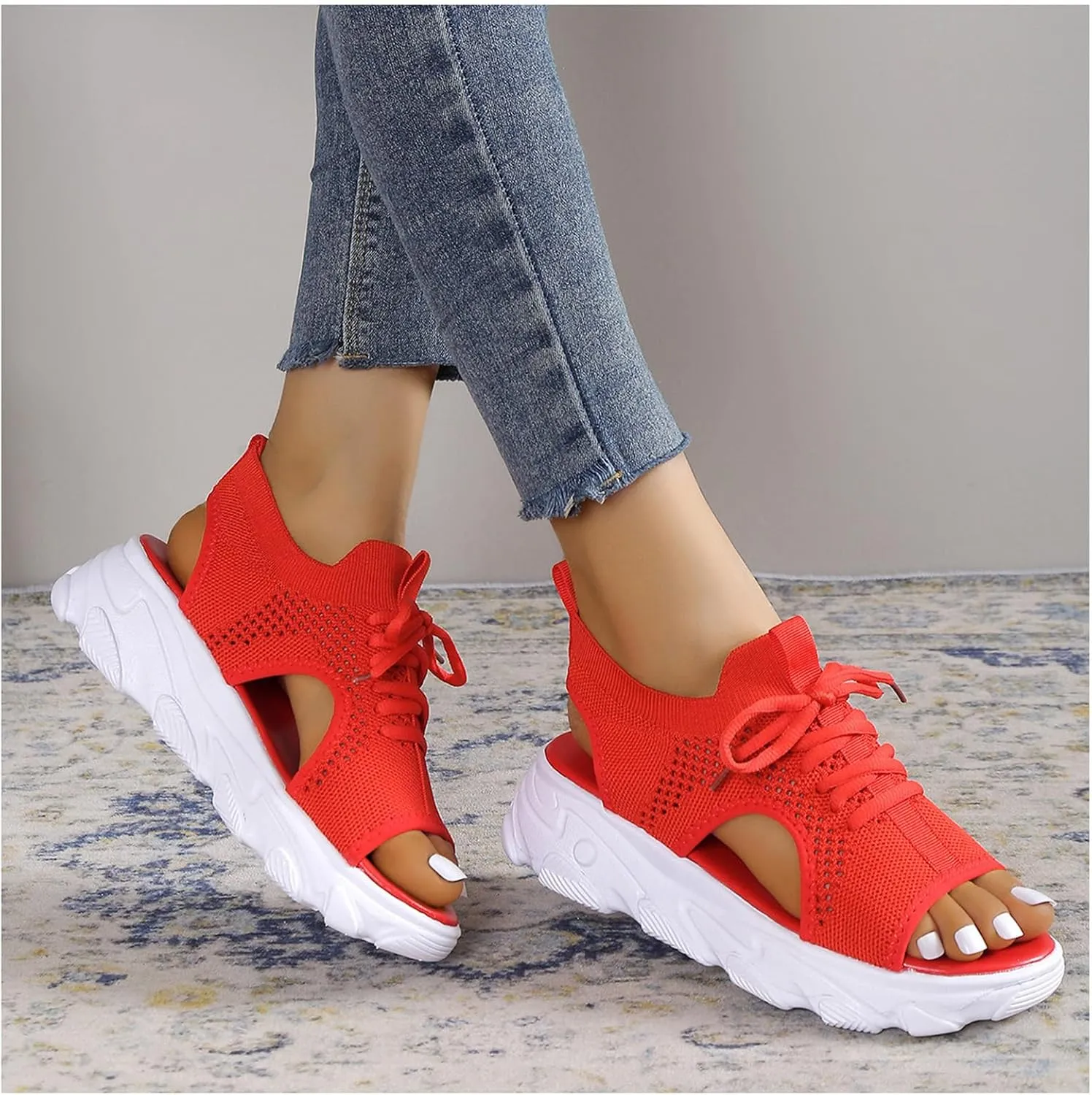 Sandals for Women Summer Women Sandals Mesh Casual Thick Soled Lace Up Sandals Open Toe Beach Shoes Woman Shoes Shoe for Women