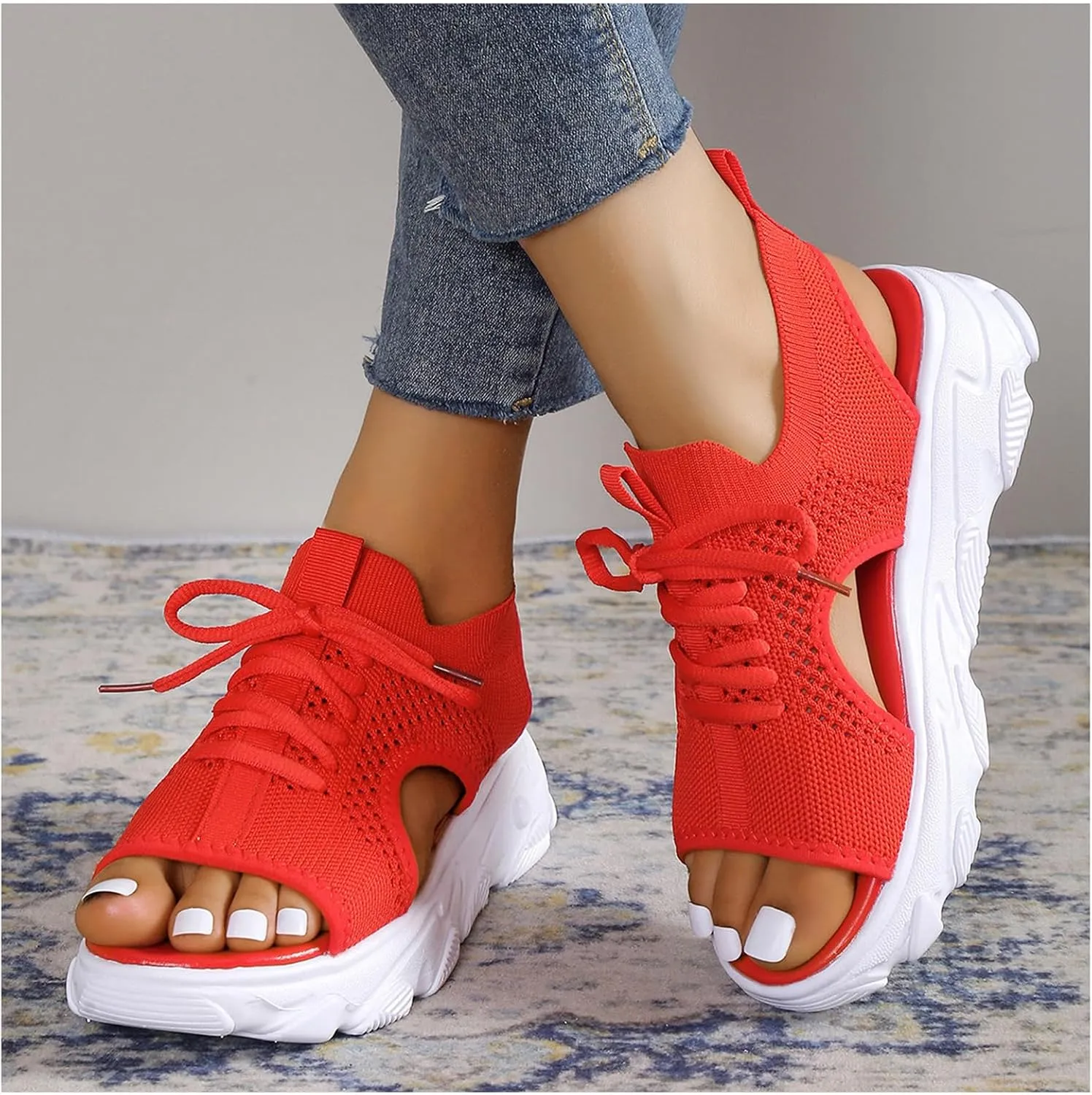 Sandals for Women Summer Women Sandals Mesh Casual Thick Soled Lace Up Sandals Open Toe Beach Shoes Woman Shoes Shoe for Women