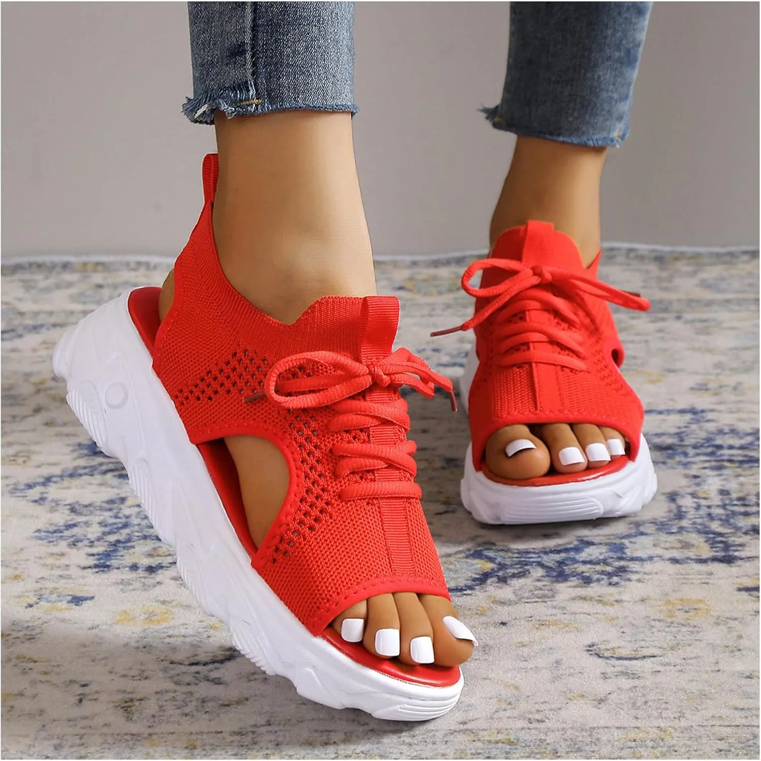 Sandals for Women Summer Women Sandals Mesh Casual Thick Soled Lace Up Sandals Open Toe Beach Shoes Woman Shoes Shoe for Women
