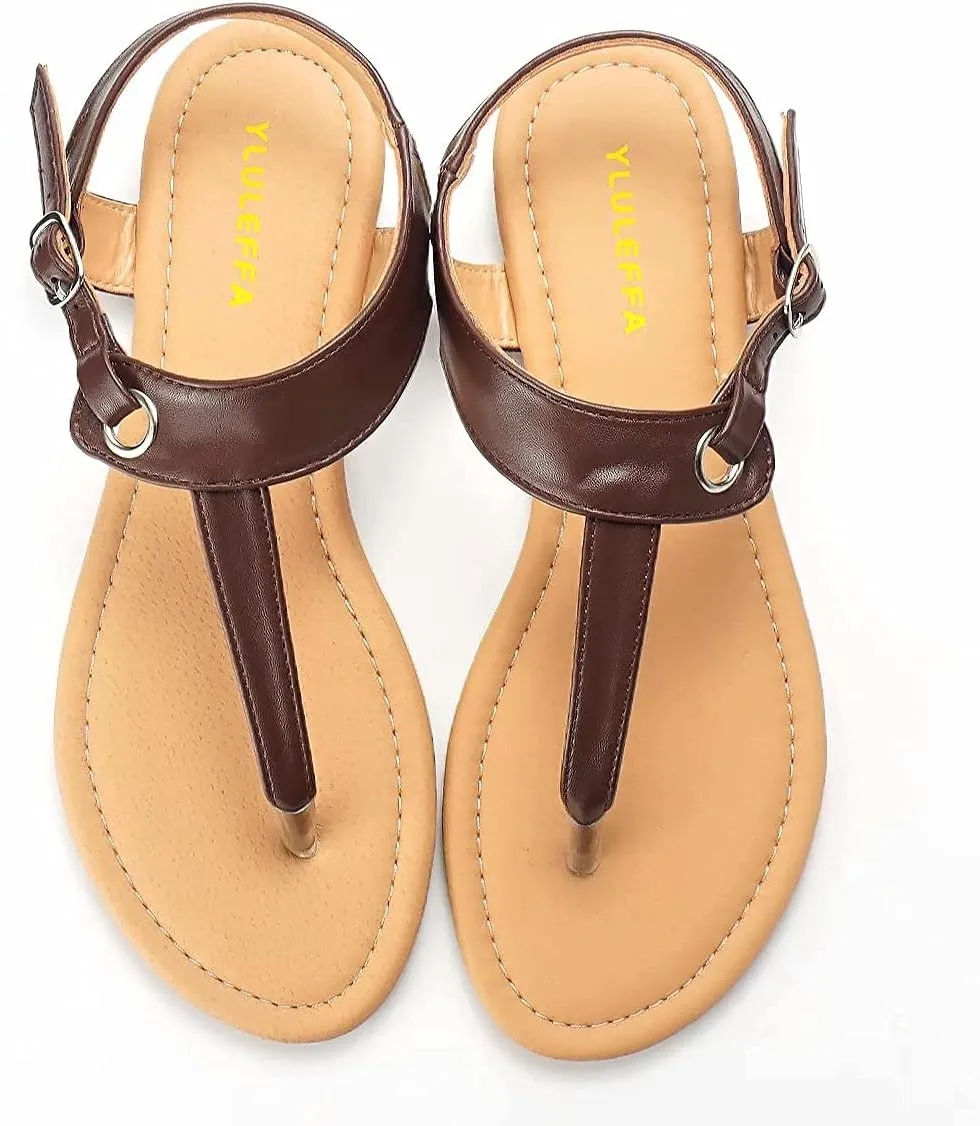Sandals for women - Womens Comfortable Cute Flat Thong Sandals - Women’s Summer Sandal Shoes with Adjustable Ankle Buckle T-Strap
