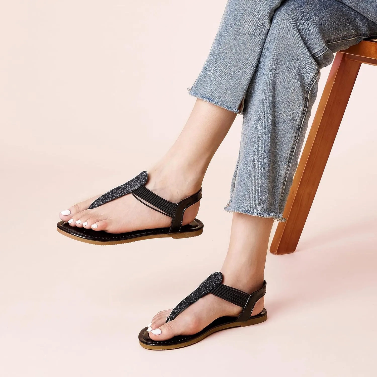 SANDALUP Women's Elastic strappy Flat Sandals w Sparkling Thong Sandals for Women - Ankle Strap Sandals for Dressy Summer - Sparkly Sandals Women for Walking