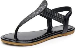 SANDALUP Women's Elastic strappy Flat Sandals w Sparkling Thong Sandals for Women - Ankle Strap Sandals for Dressy Summer - Sparkly Sandals Women for Walking