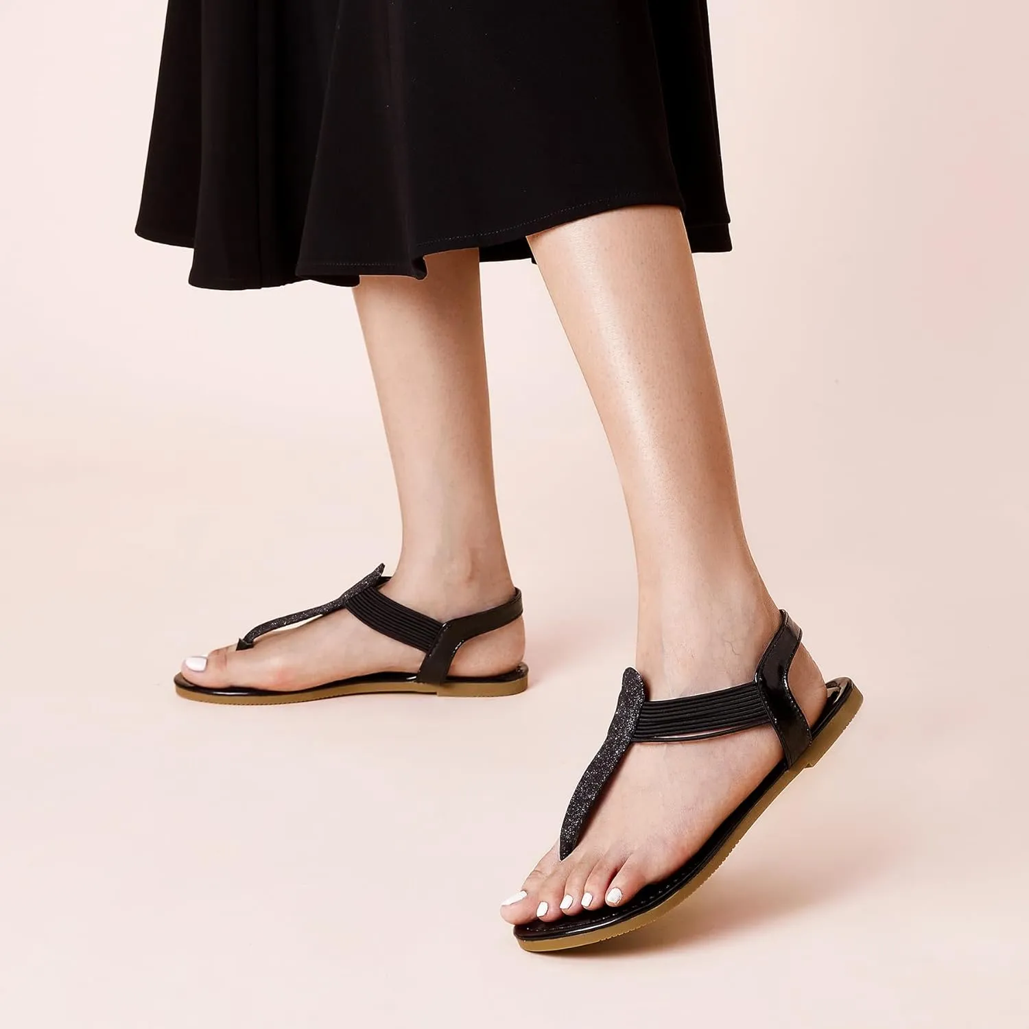 SANDALUP Women's Elastic strappy Flat Sandals w Sparkling Thong Sandals for Women - Ankle Strap Sandals for Dressy Summer - Sparkly Sandals Women for Walking