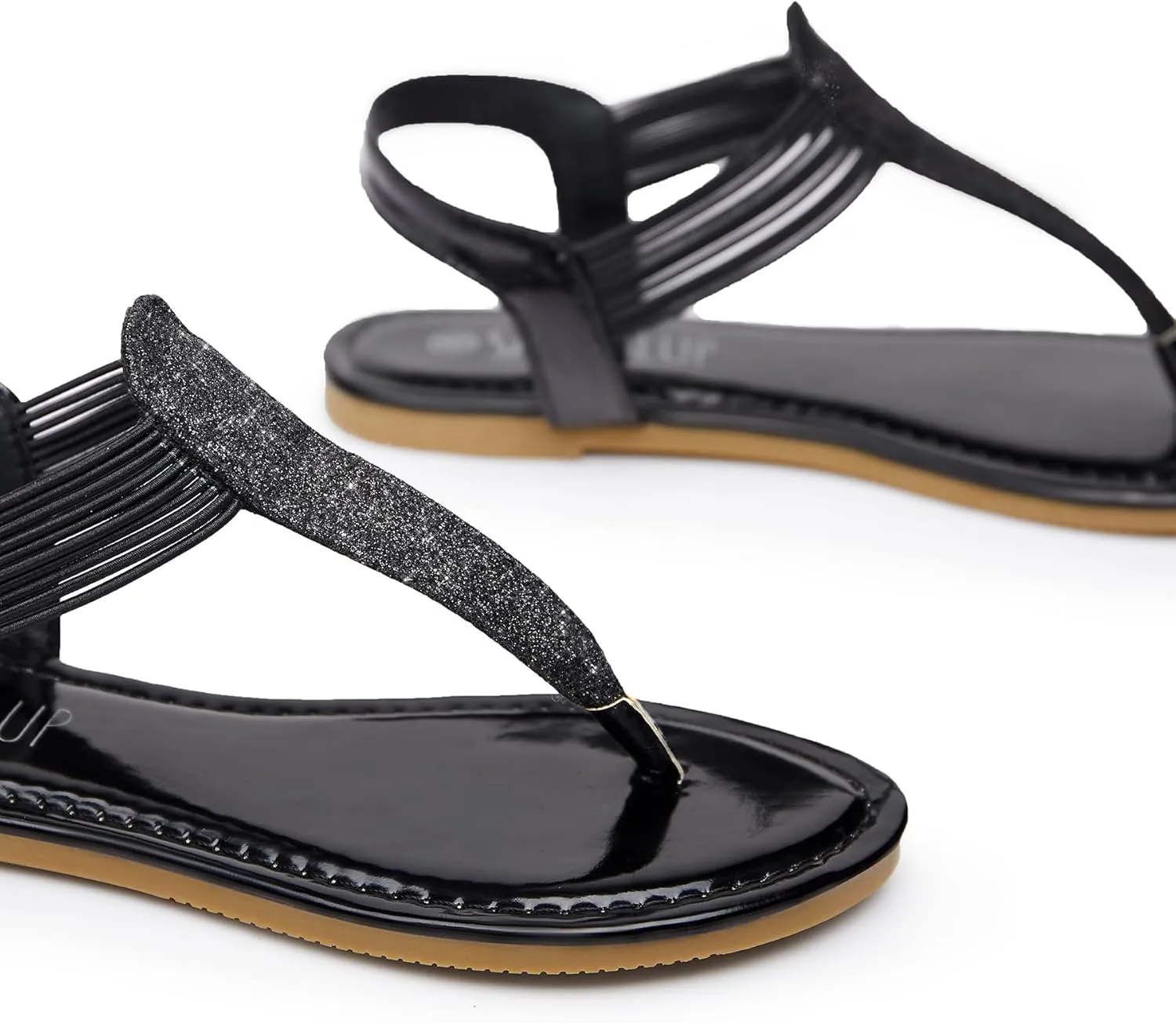 SANDALUP Women's Elastic strappy Flat Sandals w Sparkling Thong Sandals for Women - Ankle Strap Sandals for Dressy Summer - Sparkly Sandals Women for Walking
