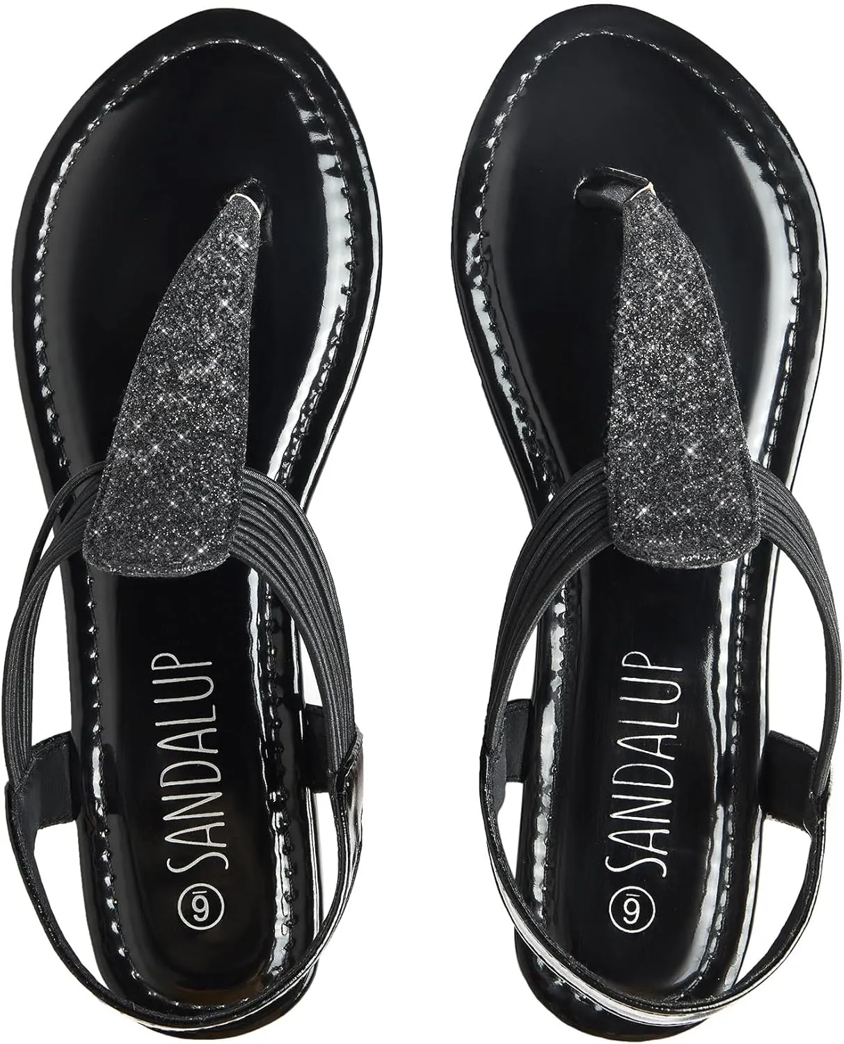 SANDALUP Women's Elastic strappy Flat Sandals w Sparkling Thong Sandals for Women - Ankle Strap Sandals for Dressy Summer - Sparkly Sandals Women for Walking