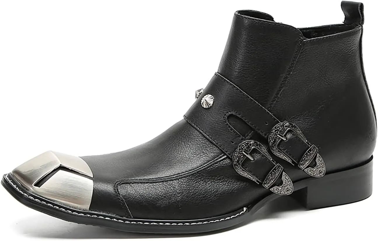 Santimon Chelsea Boots Men Casual Party Dress Leather Metal Square Toe Cowboy Boots for Men Fahion Western Buckles Zipper Ankle Boots