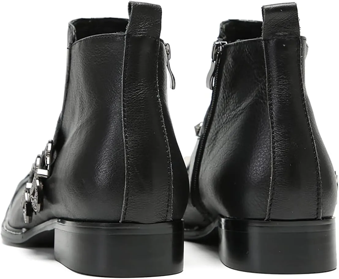 Santimon Chelsea Boots Men Casual Party Dress Leather Metal Square Toe Cowboy Boots for Men Fahion Western Buckles Zipper Ankle Boots