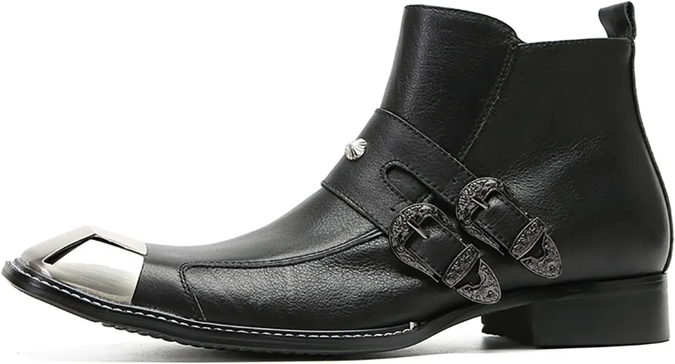 Santimon Chelsea Boots Men Casual Party Dress Leather Metal Square Toe Cowboy Boots for Men Fahion Western Buckles Zipper Ankle Boots