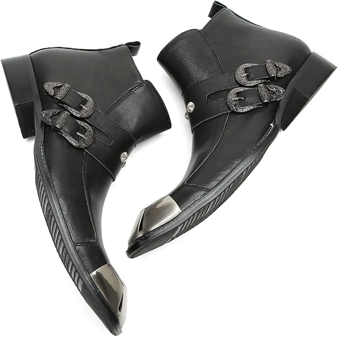 Santimon Chelsea Boots Men Casual Party Dress Leather Metal Square Toe Cowboy Boots for Men Fahion Western Buckles Zipper Ankle Boots