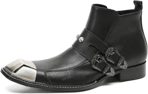 Santimon Chelsea Boots Men Casual Party Dress Leather Metal Square Toe Cowboy Boots for Men Fahion Western Buckles Zipper Ankle Boots