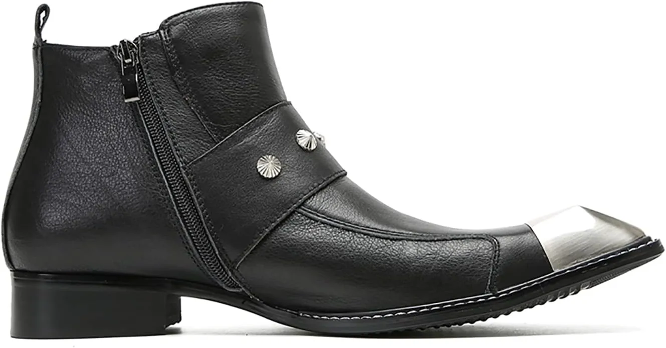 Santimon Chelsea Boots Men Casual Party Dress Leather Metal Square Toe Cowboy Boots for Men Fahion Western Buckles Zipper Ankle Boots