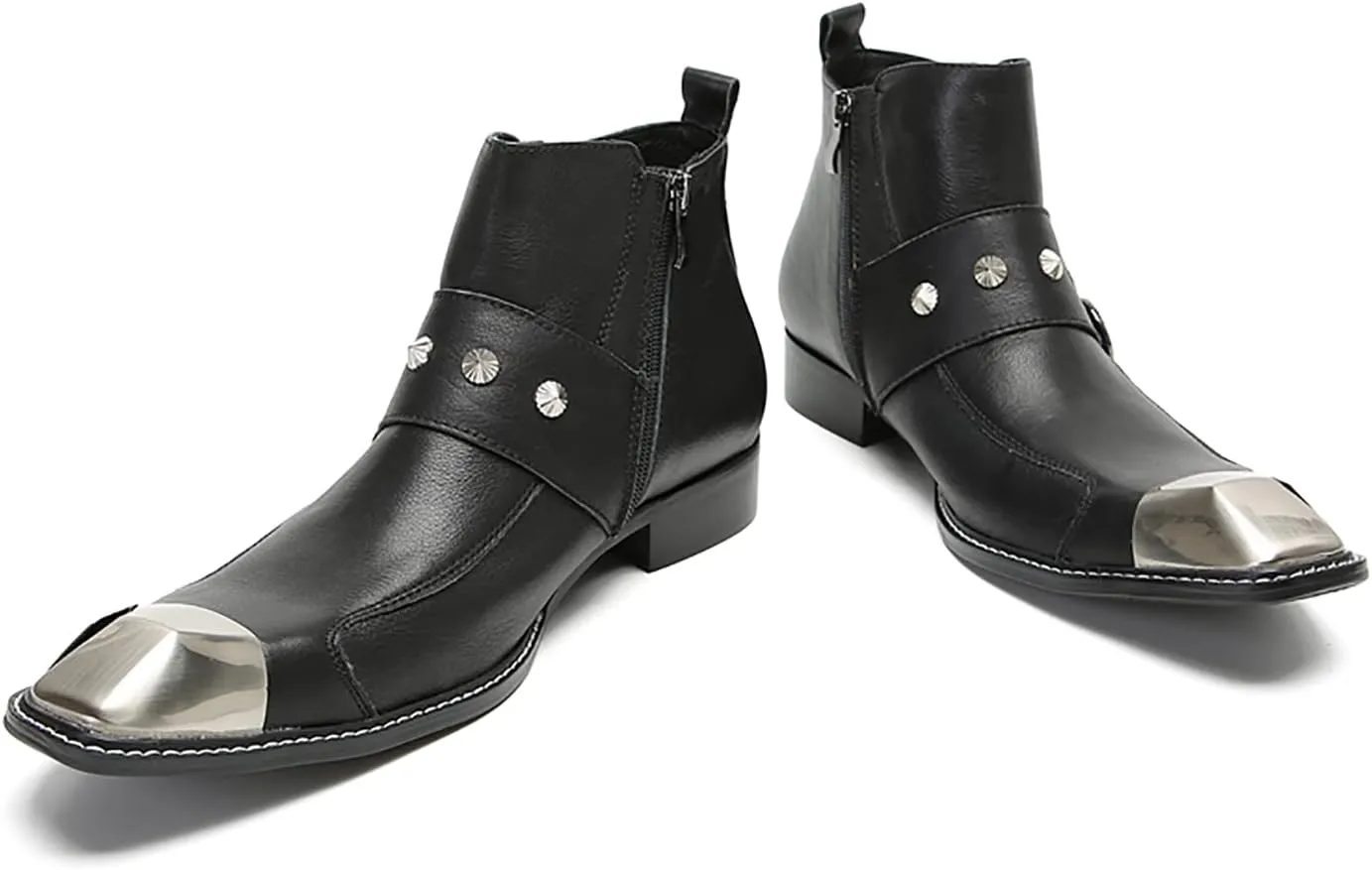 Santimon Chelsea Boots Men Casual Party Dress Leather Metal Square Toe Cowboy Boots for Men Fahion Western Buckles Zipper Ankle Boots