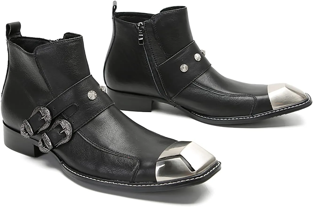 Santimon Chelsea Boots Men Casual Party Dress Leather Metal Square Toe Cowboy Boots for Men Fahion Western Buckles Zipper Ankle Boots