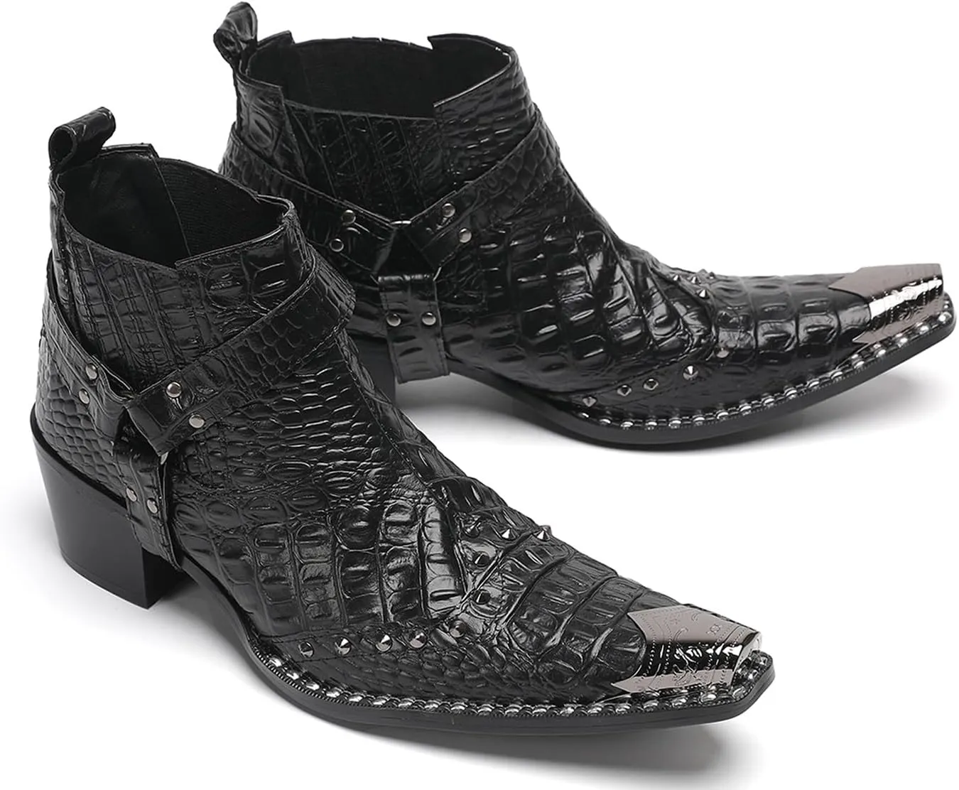 Santimon Chelsea Boots White Dress for Men Prom Casual Genuine Leather Pull Up Belt Buckle Metal Tip Ankle Boots Mens Fashion Tuxedo Wedding Ballroom Party Disco Western Cowboy Boots for Men